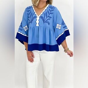 ODDI Blue and Navy Embroidered Blouse